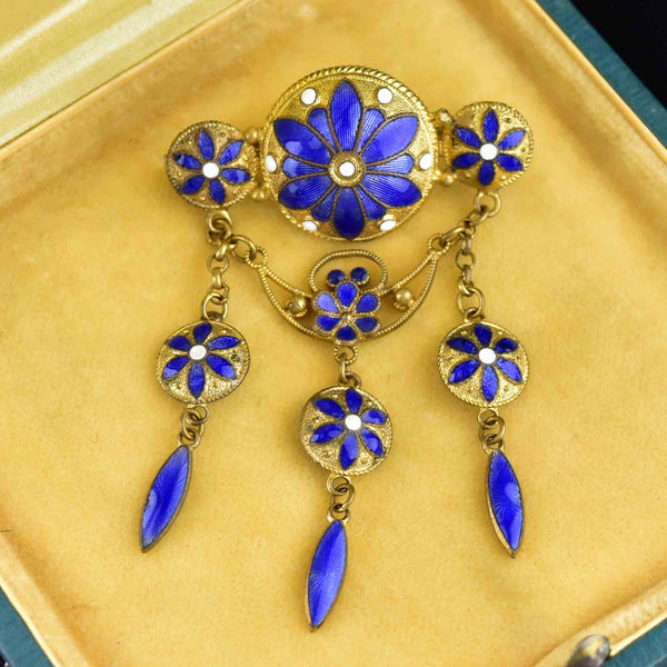 Vintage Blue Enamel Floral Art Nouveau Brooch - Boylerpf