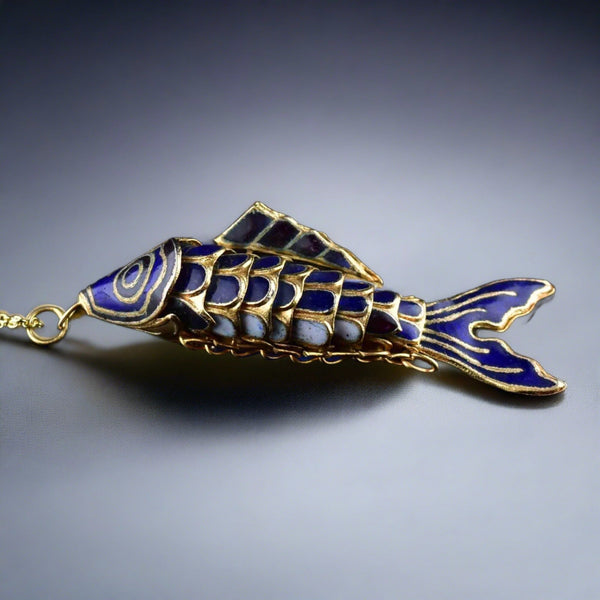 Vintage Navy Blue Enamel Articulated Fish Pendant Necklace - Boylerpf