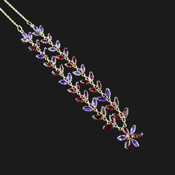 Vintage Gold Gilt Amethyst Garnet Floral Chain Necklace - Boylerpf