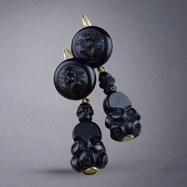 Antique Victorian Forget Me Not Whitby Jet Earrings - Boylerpf
