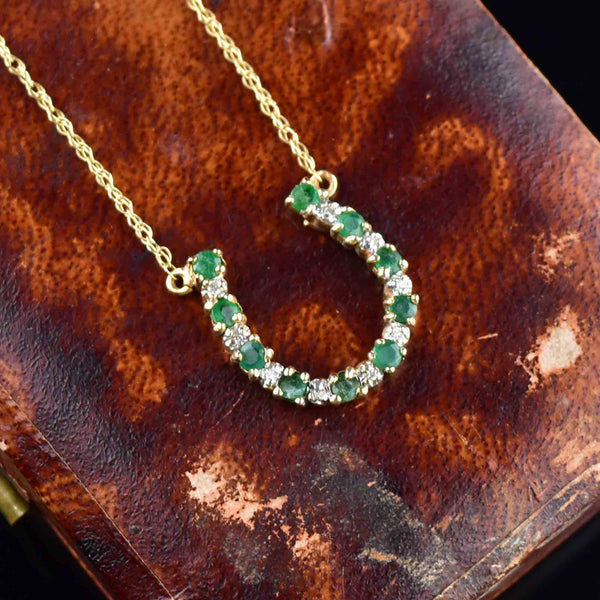 14K Gold Diamond Emerald HorseShoe Pendant Necklace - Boylerpf