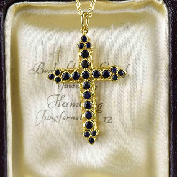 Vintage 18K Gold Filigree Double Sided Blue Sapphire Cross Necklace - Boylerpf