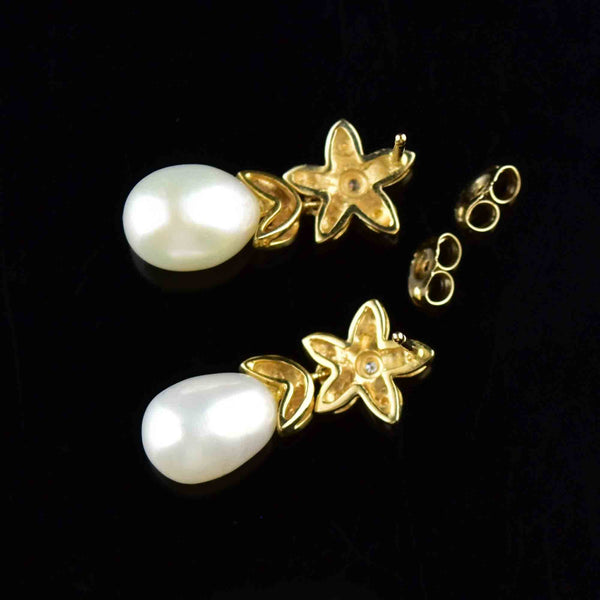 Vintage 14K Gold Flower Diamond Pearl Stud Drop Earrings - Boylerpf