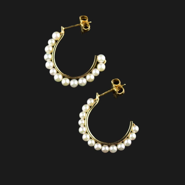 Vintage 14K Gold Pearl Half Hoop Earrings - Boylerpf