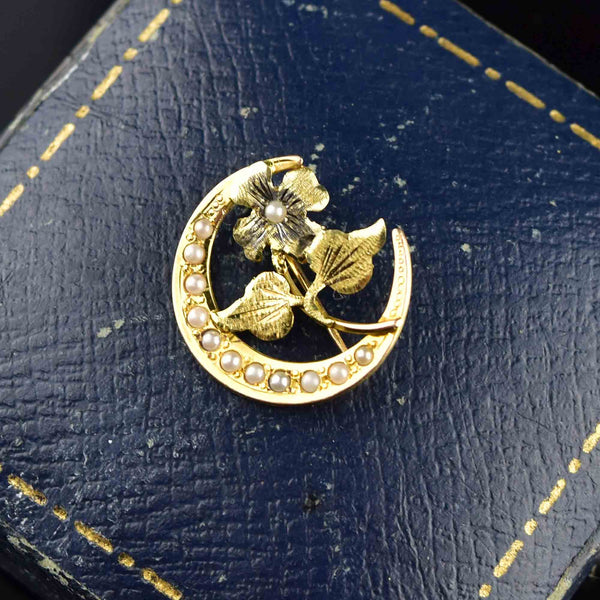 Antique 10K Gold Pearl Crescent Moon Flower Brooch - Boylerpf