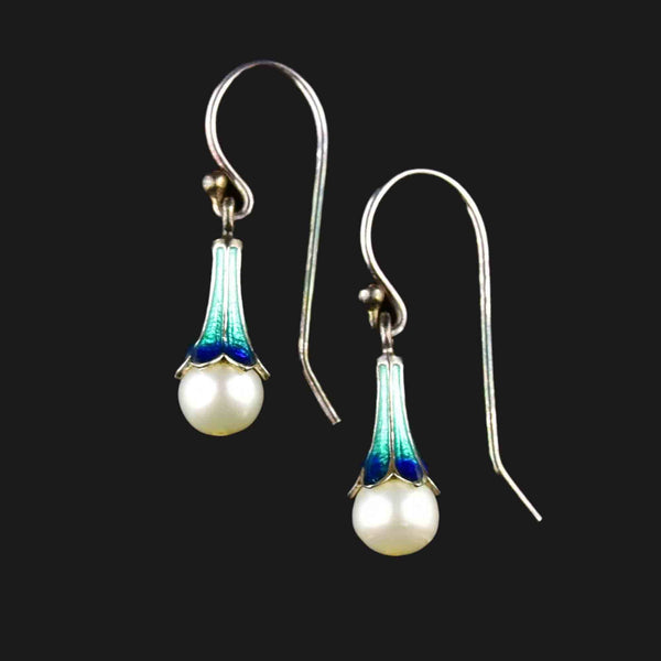 Vintage Silver Guilloche Enamel Pearl Snowdrop Earrings - Boylerpf
