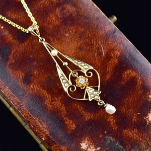 10K Gold Art Nouveau Pearl Diamond Lavalier Necklace - Boylerpf
