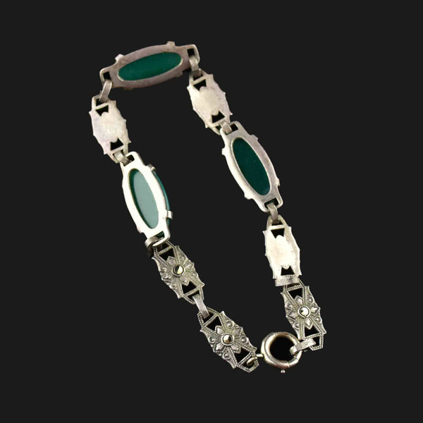 Art Deco Sterling Silver Chrysoprase Marcasite Bracelet - Boylerpf