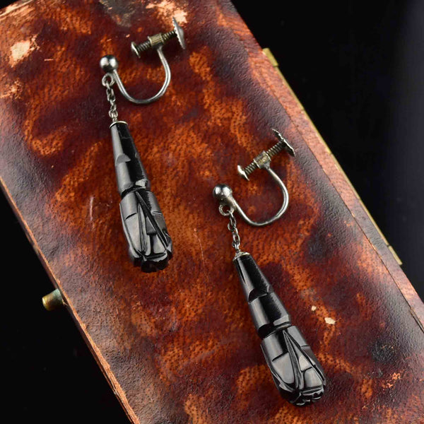 Antique Carved Whitby Jet Torpedo Drop Earrings - Boylerpf