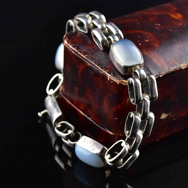 Vintage Sterling Silver Chalcedony Cabochon Link Chain Bracelet - Boylerpf