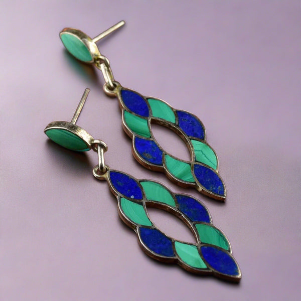Vintage Silver Lapis Lazuli Malachite Chandelier Earrings - Boylerpf