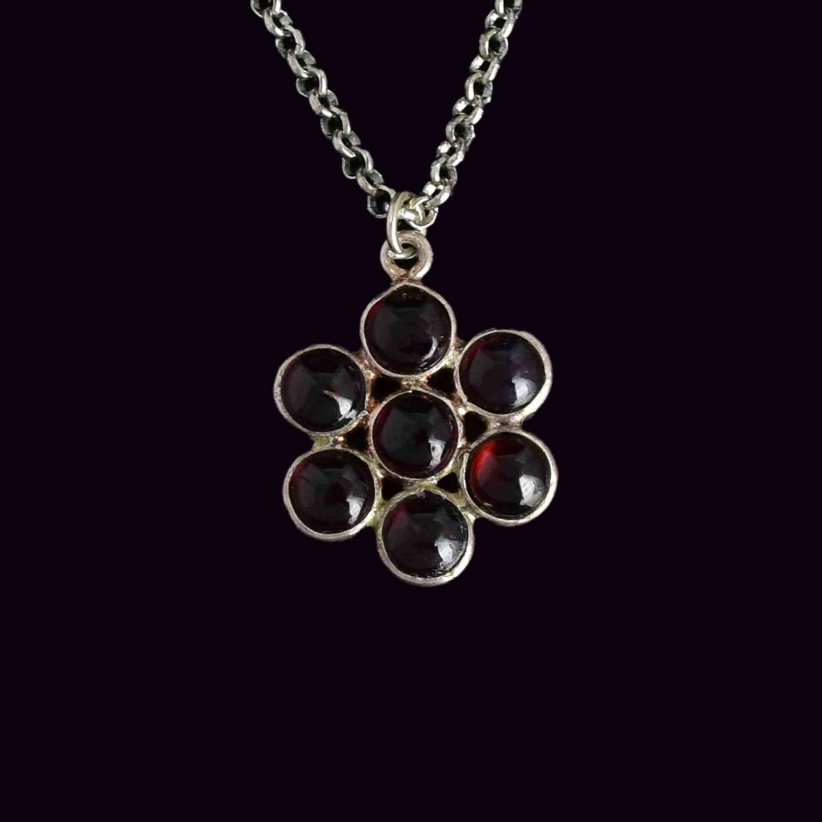 Sterling 2024 silver ornate pendant necklace with garnet stone black cabochon