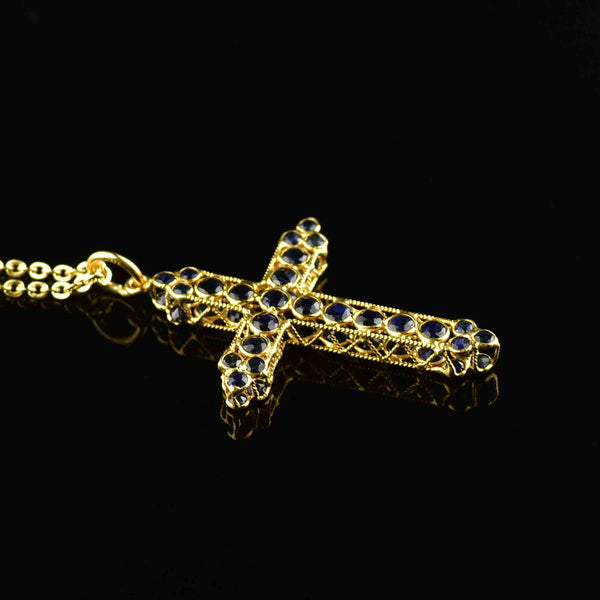 Vintage 18K Gold Filigree Double Sided Blue Sapphire Cross Necklace - Boylerpf