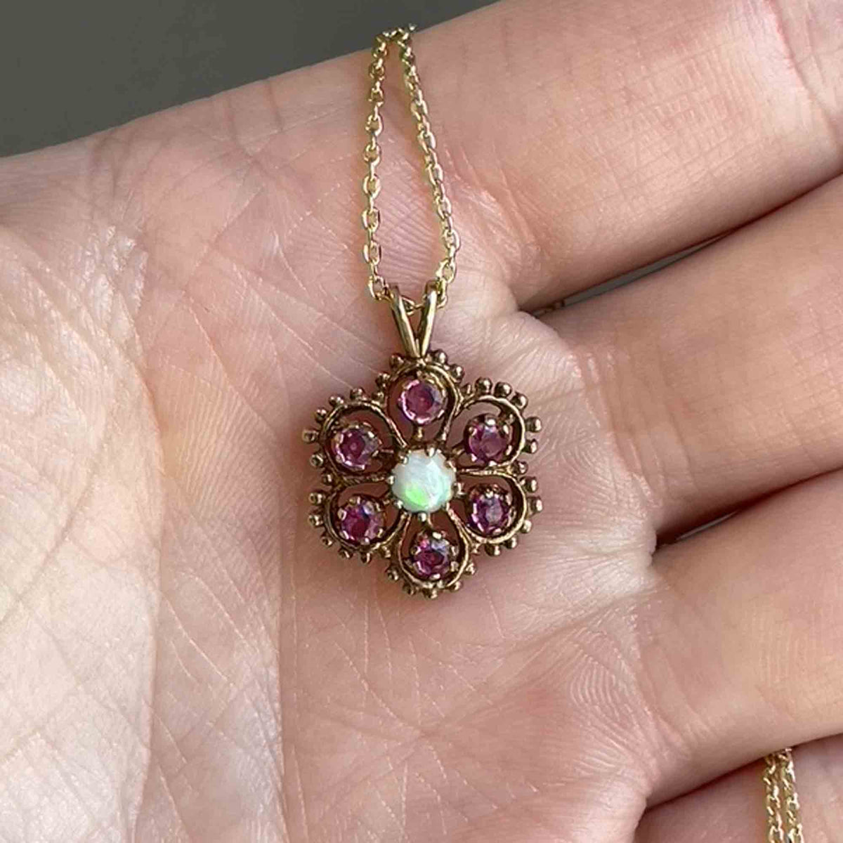 9K Gold Ruby Opal Floral Cluster Pendant Necklace – Boylerpf