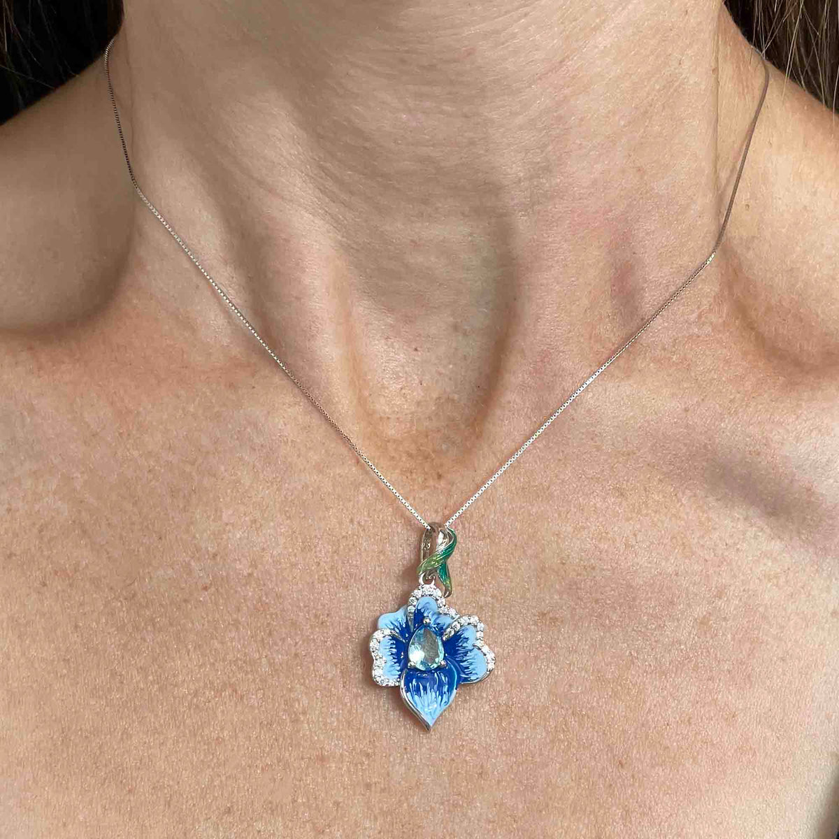 Vintage Sterling Silver Enamel Blue Topaz Flower Pendant Necklace