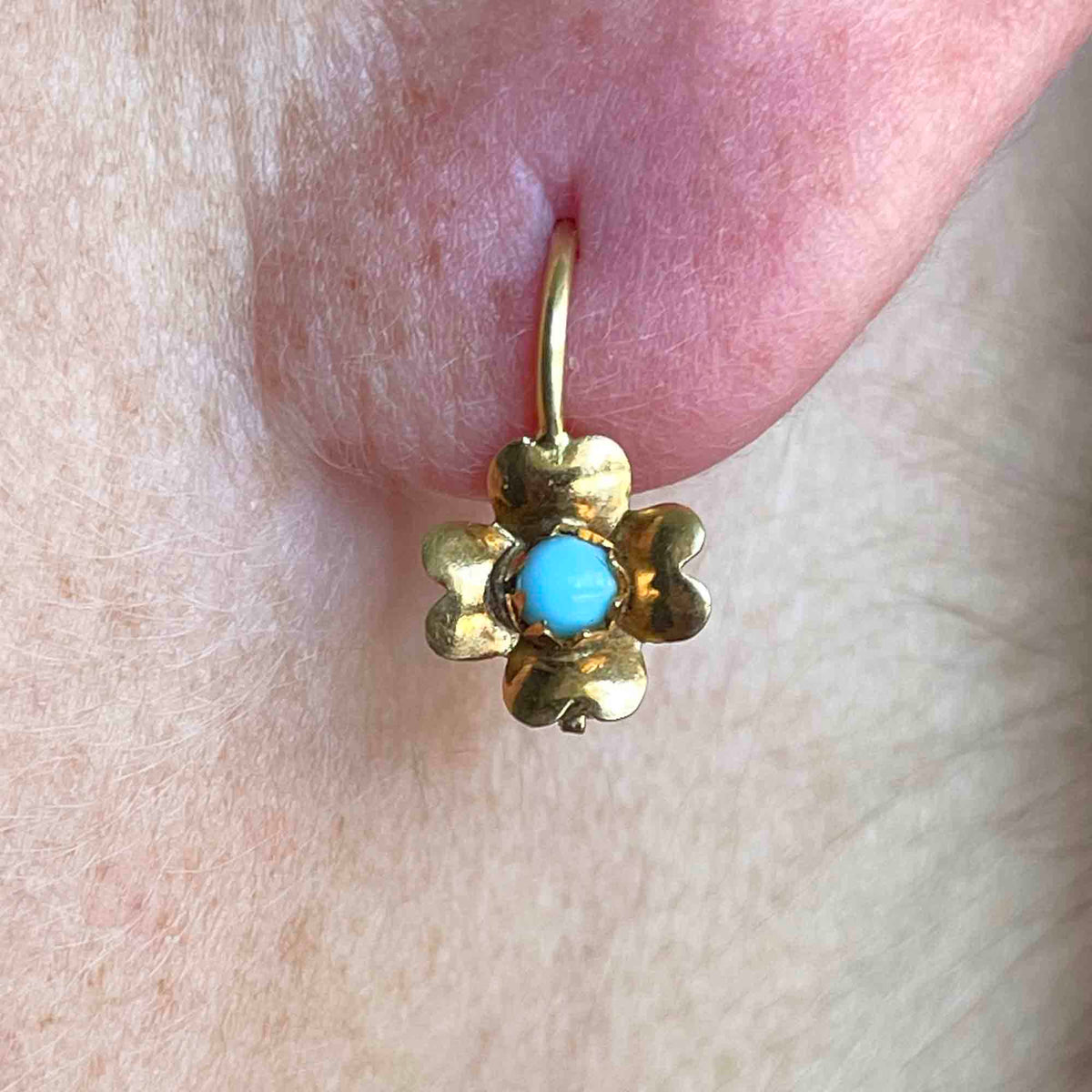 Boucles D'oreilles Pendantes Anciennes En Or 18K - Turquoise Naturelle - Style Victorien - Dormeuses