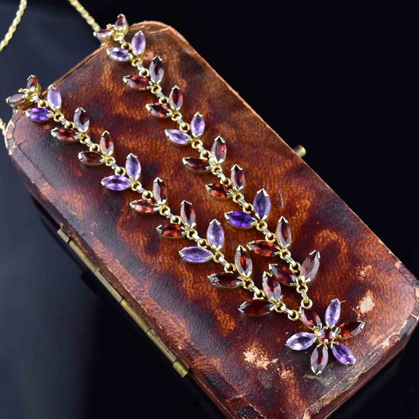 Vintage Gold Gilt Amethyst Garnet Floral Chain Necklace - Boylerpf