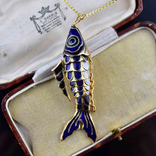 Vintage Navy Blue Enamel Articulated Fish Pendant Necklace - Boylerpf