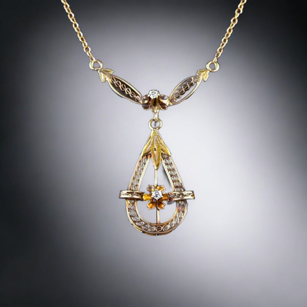 Antique Buttercup Diamond 10K Gold Filigree Necklace - Boylerpf