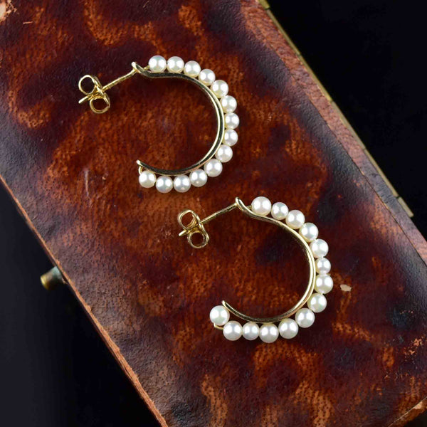 Vintage 14K Gold Pearl Half Hoop Earrings - Boylerpf