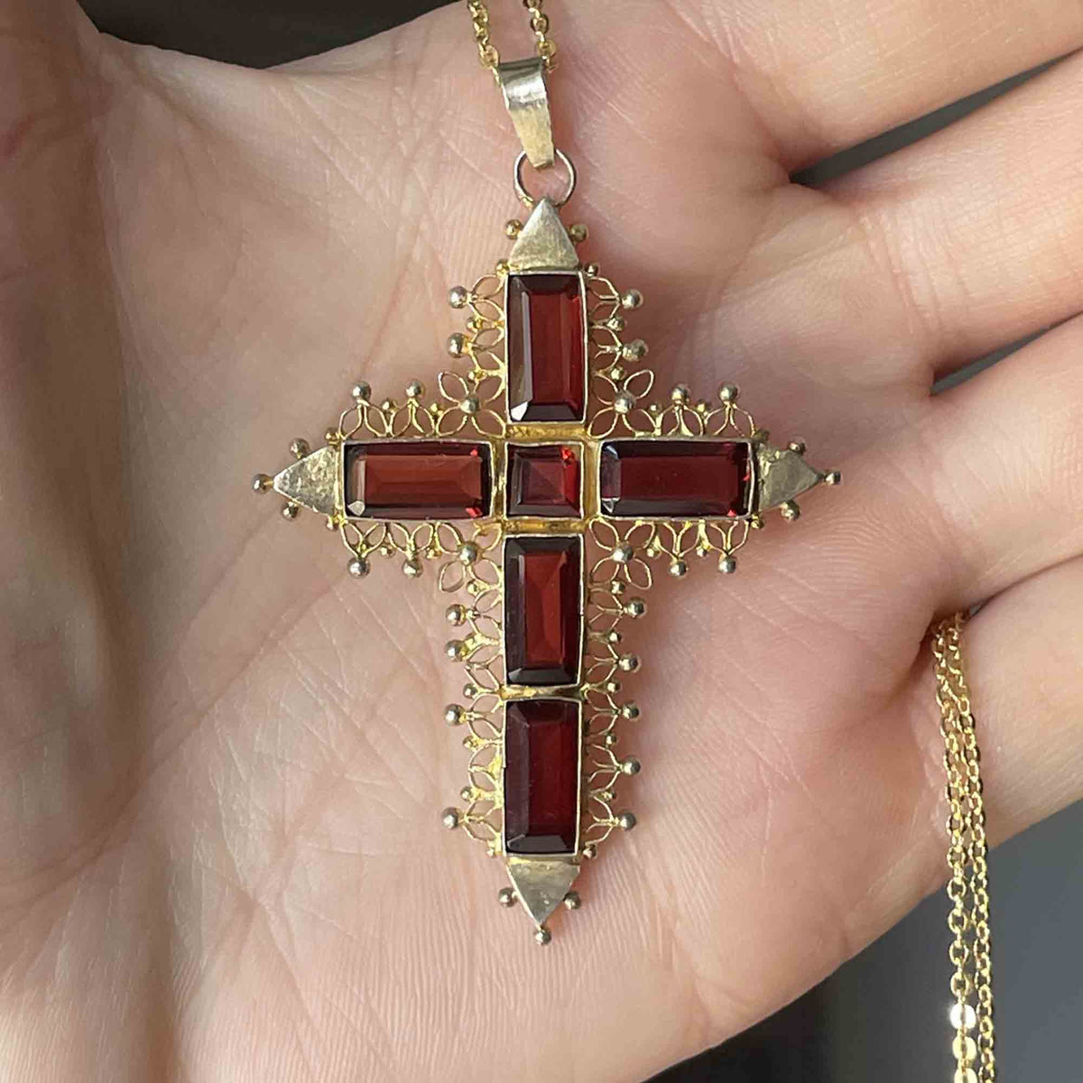 14KT Yellow Gold Garnet offers Religious Cross Pendant Necklace