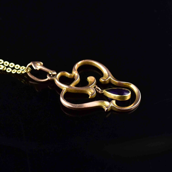 Vintage 10K Gold Amethyst Art Nouveau Style Lavalier Pendant Necklace - Boylerpf
