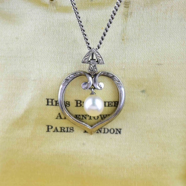 Vintage Silver Mikimoto Pearl Open Heart Pendant Necklace - Boylerpf