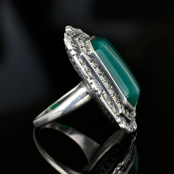 Art Deco Sterling Silver Marcasite Chrysoprase Ring - Boylerpf