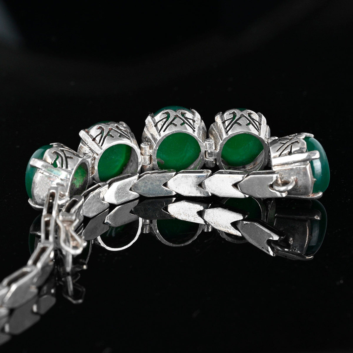 銀線細工　ヴィンテージ ブレスレット　緑の石 silver Vintage Silver Filigree Chrysoprase Cabochon Bracelet – Boylerpf