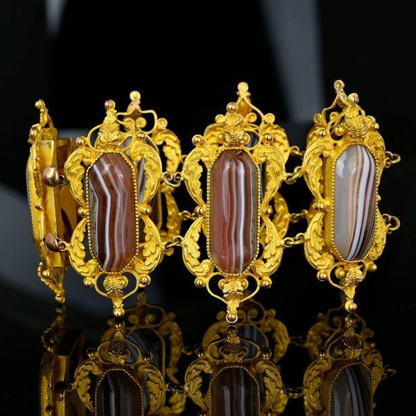Antique Scottish Banded Agate Wide Gold Cannetille Bracelet - Boylerpf