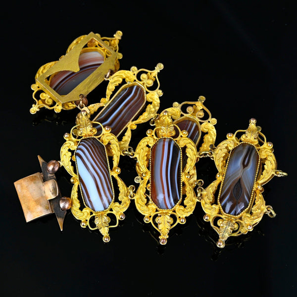 Antique Scottish Banded Agate Wide Gold Cannetille Bracelet - Boylerpf