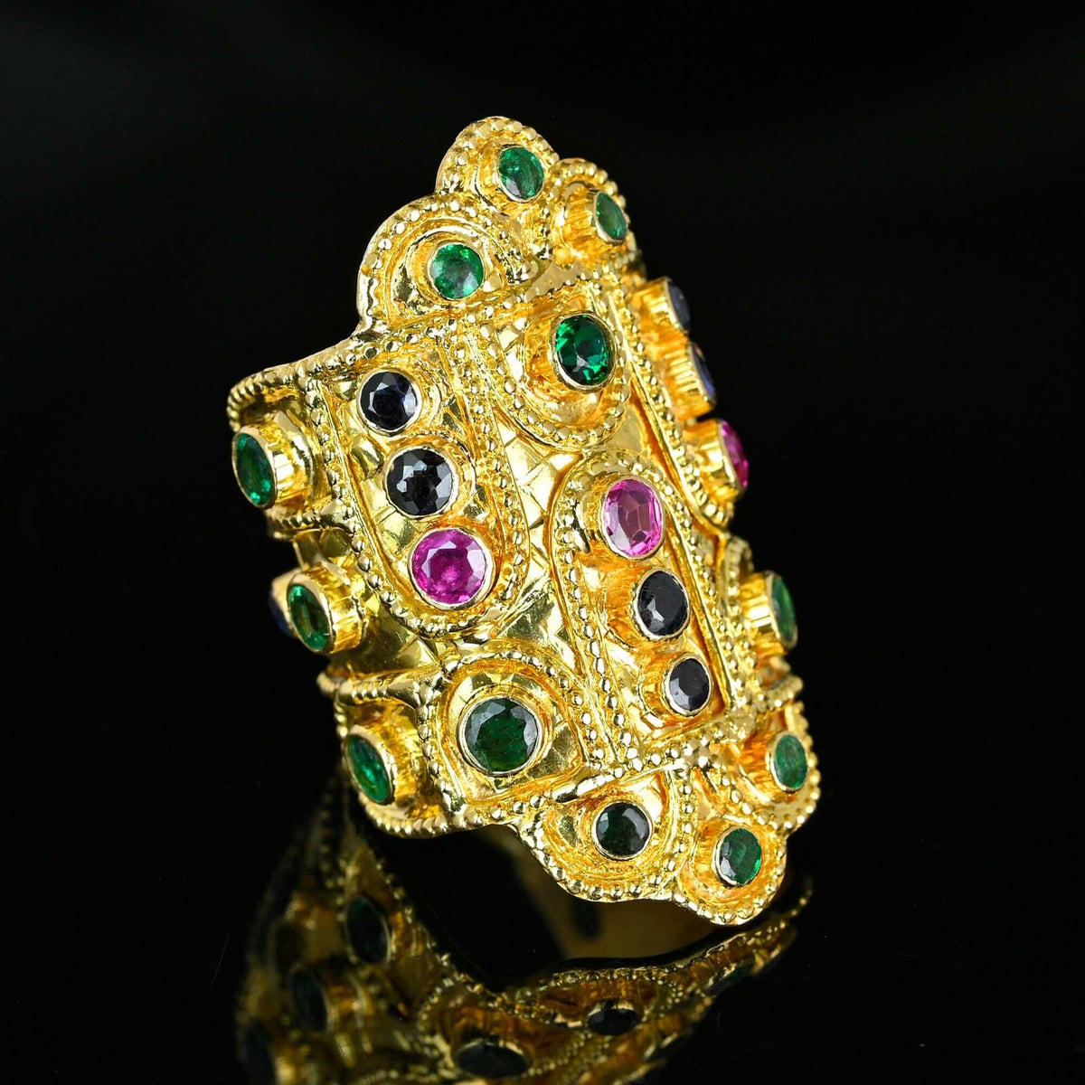 PROFESSIONAL GOLDSMITHING 彫金 アラン・リヴィア Ilias Lalaounis 18K Gold Byzantine Ruby Sapphire Emerald Ring