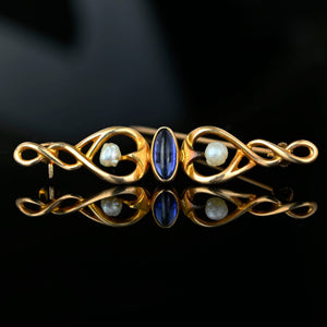 Antique Art Nouveau Pearl Sapphire Cabochon Brooch - Boylerpf