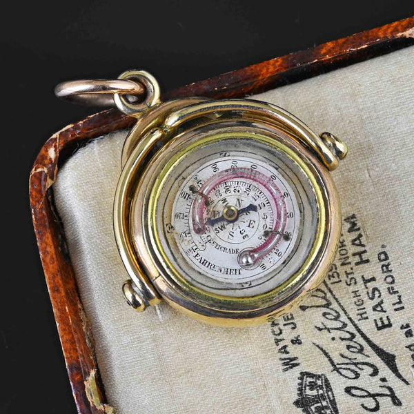 Antique Gold Thermometer Compass Spinner Watch Fob Pendant - Boylerpf
