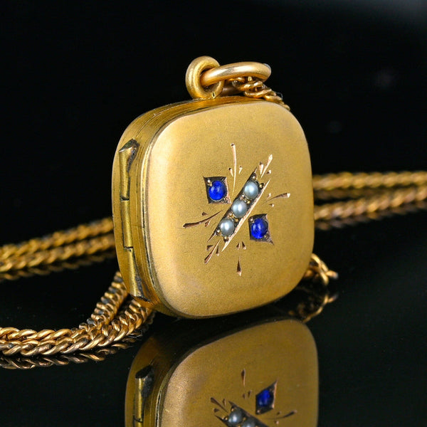 Antique Sapphire Paste Pearl Gold Filled Square Locket - Boylerpf