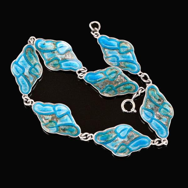 Silver Leaf Blue Enamel Art Nouveau Bracelet - Boylerpf