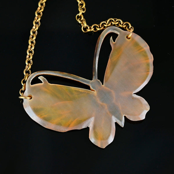 Art Nouveau French Carved Horn Butterfly Necklace - Boylerpf