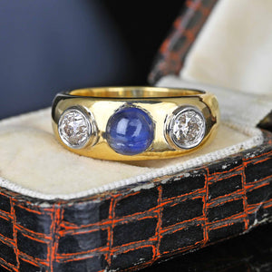 Art Deco 18K Gold Mine Cut Diamond Cabochon Sapphire Ring Band - Boylerpf