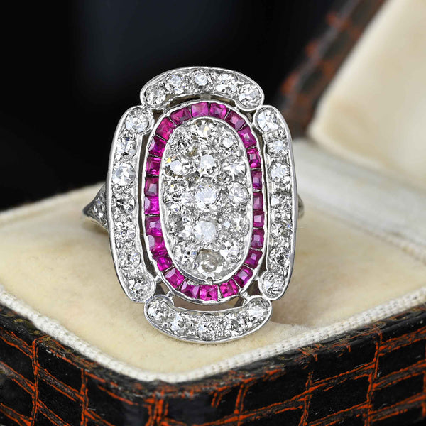 Antique Art Deco Platinum Ruby Halo Diamond Ring - Boylerpf
