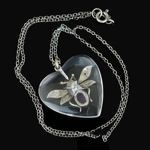 Rock Crystal Quartz Heart Amethyst Insect Pendant Necklace - Boylerpf