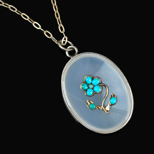 Antique Gold Set Turquoise Forget Me Not Chalcedony Necklace - Boylerpf