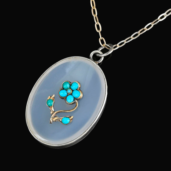 Antique Gold Set Turquoise Forget Me Not Chalcedony Necklace - Boylerpf