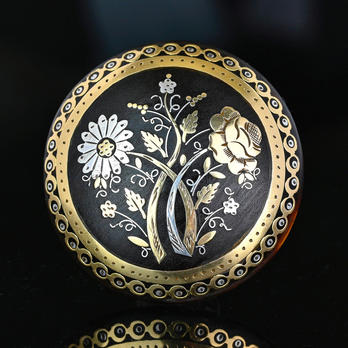 Antique Victorian 9K Gold & Silver Tortoise Shell Pique Brooch 