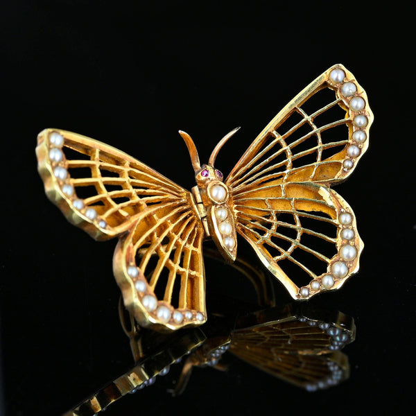 Antique AJ Hedges 14K Gold Pearl Ruby Butterfly Brooch Clip - Boylerpf