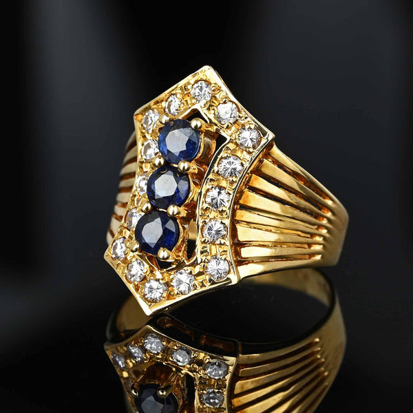 Vintage Shield 14K Gold Diamond Halo Sapphire Ring - Boylerpf