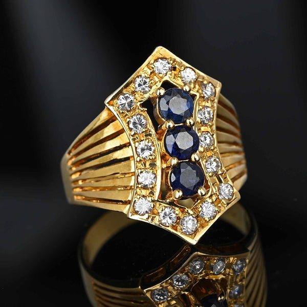 Vintage Shield 14K Gold Diamond Halo Sapphire Ring - Boylerpf