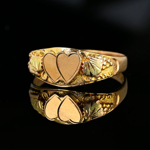Vintage Rose Yellow Gold Leaf Double Heart Ring Band - Boylerpf