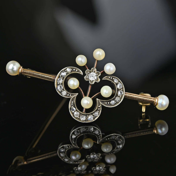 Antique Rose Cut Diamond and Pearl Brooch in 15K Gold - Boylerpf