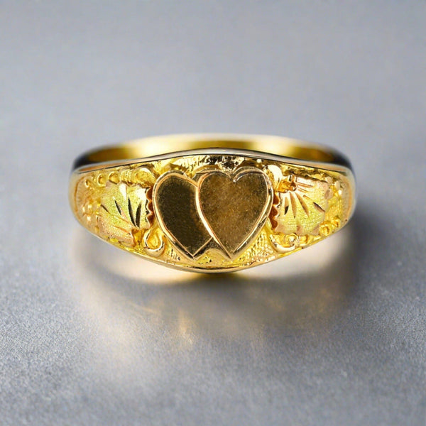 Vintage Rose Yellow Gold Leaf Double Heart Ring Band - Boylerpf