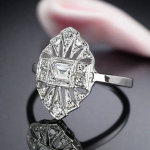 Art Deco Platinum Filigree Emerald Cut Diamond Ring